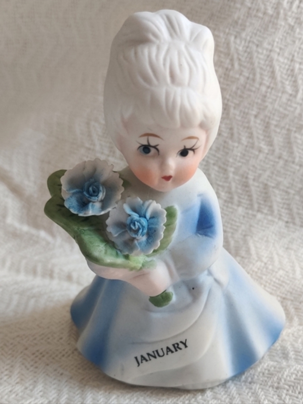 Vintage Bisque Porcelain Figurine January Birthday Girl with Blue Flowers